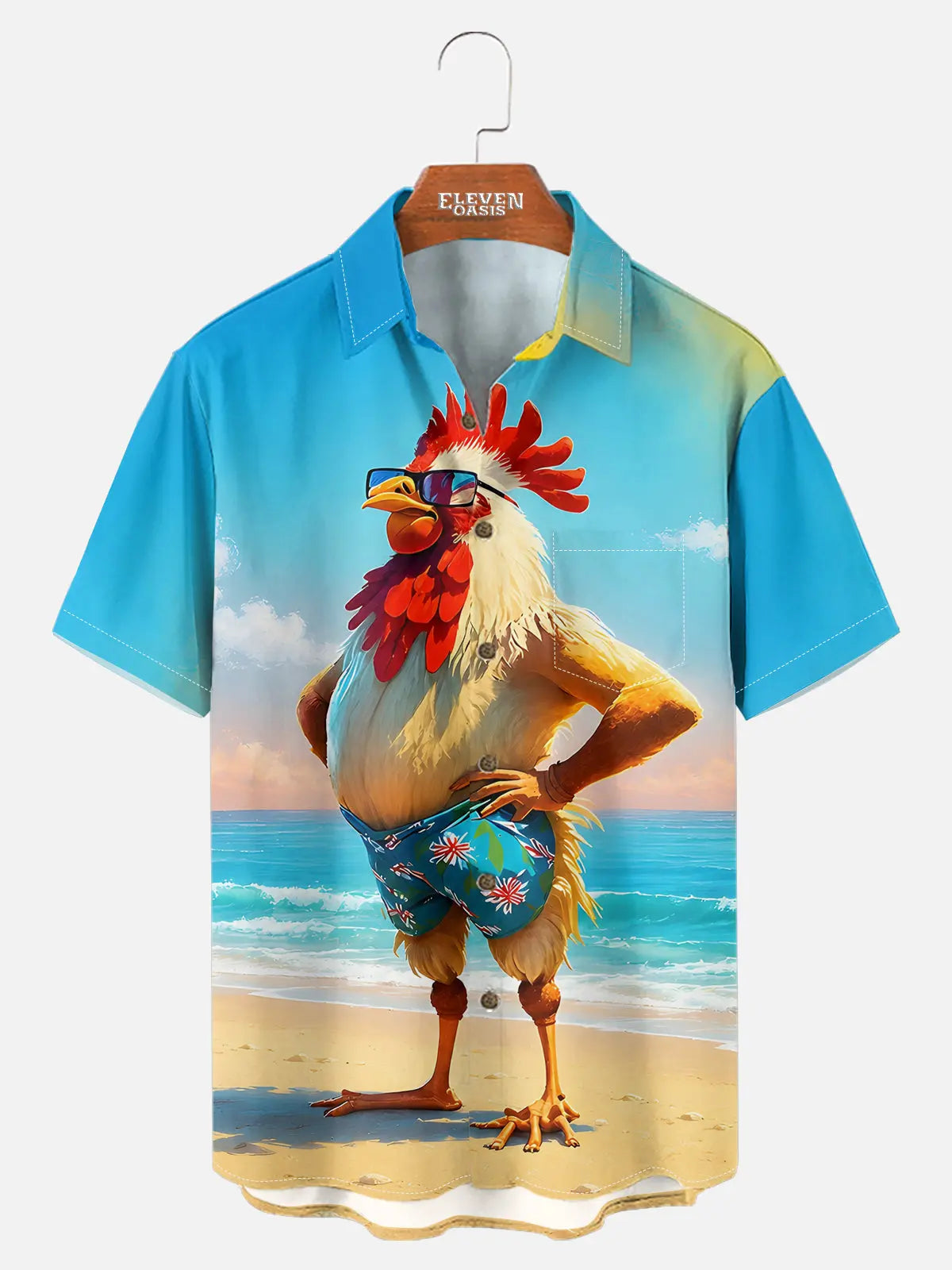 Men's Beach Rooster Hawaiian Short Sleeve Shirt ElevenOasis