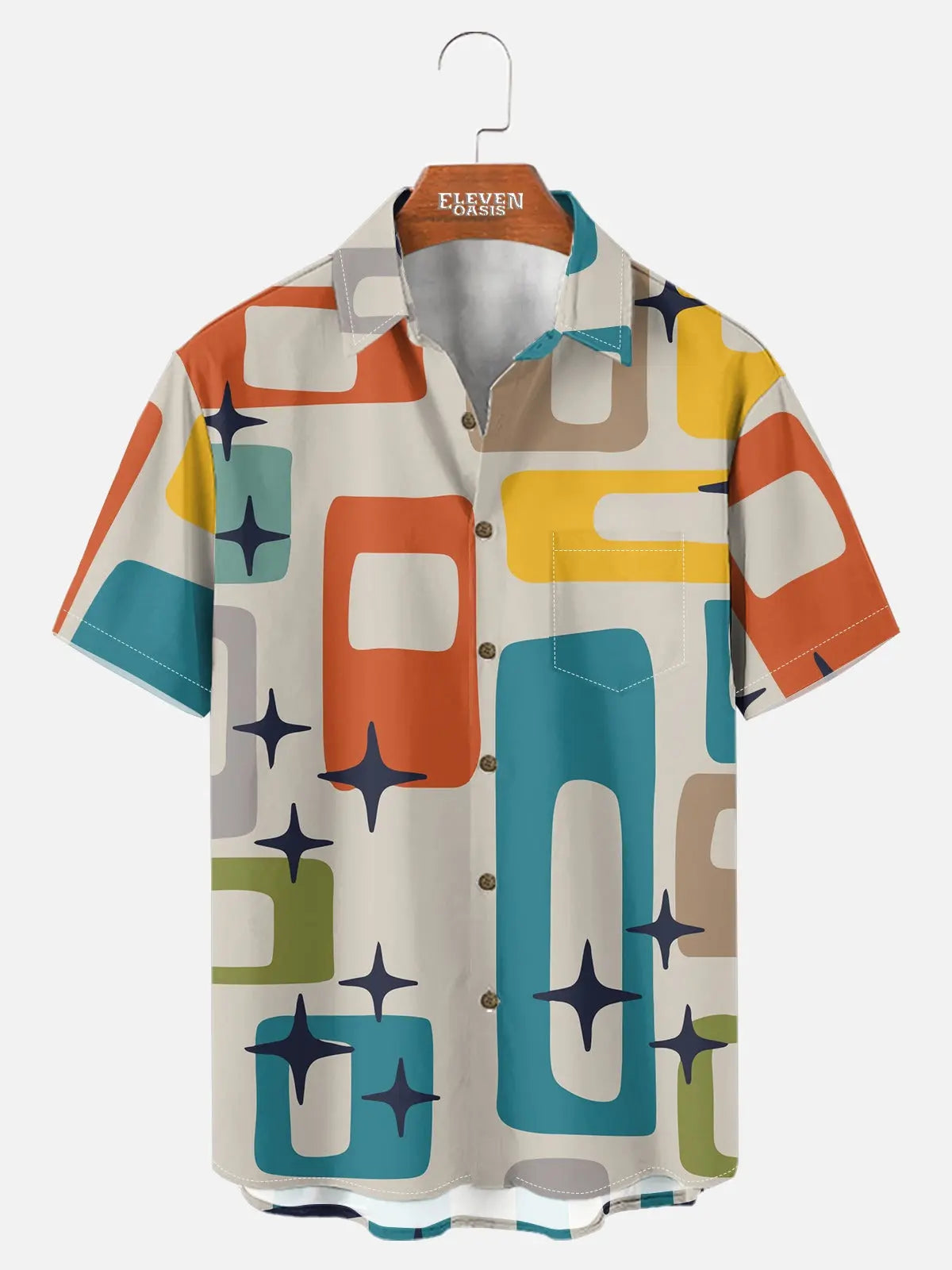 Men's Mid-Century Atomic Star Pattern Short Sleeve Shirt ElevenOasis