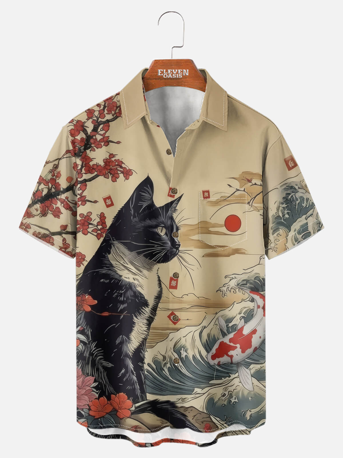 Men's Japanese Cat & Koi Landscape Camp Collar Short Sleeve Shirt Eleven Oasis