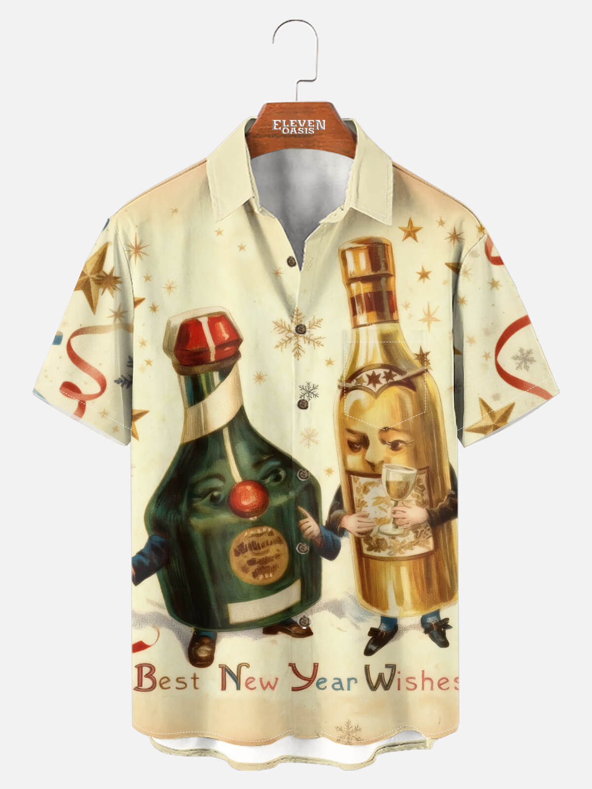 Tall Men's Vintage New Year Bottle Characters Short Sleeve Shirt Eleven Oasis
