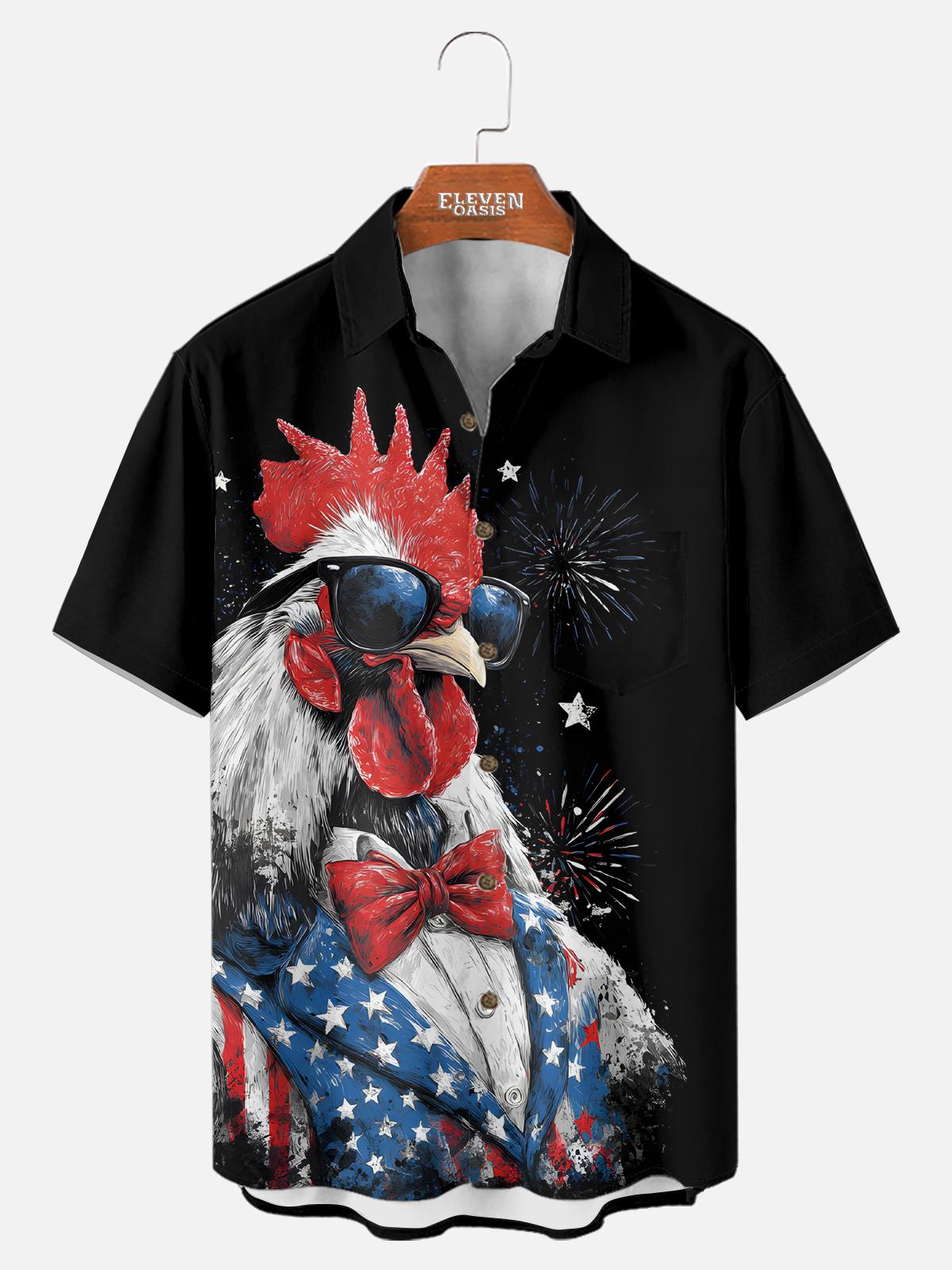 Men's Patriotic Rooster Fireworks Short Sleeve Shirt Eleven Oasis