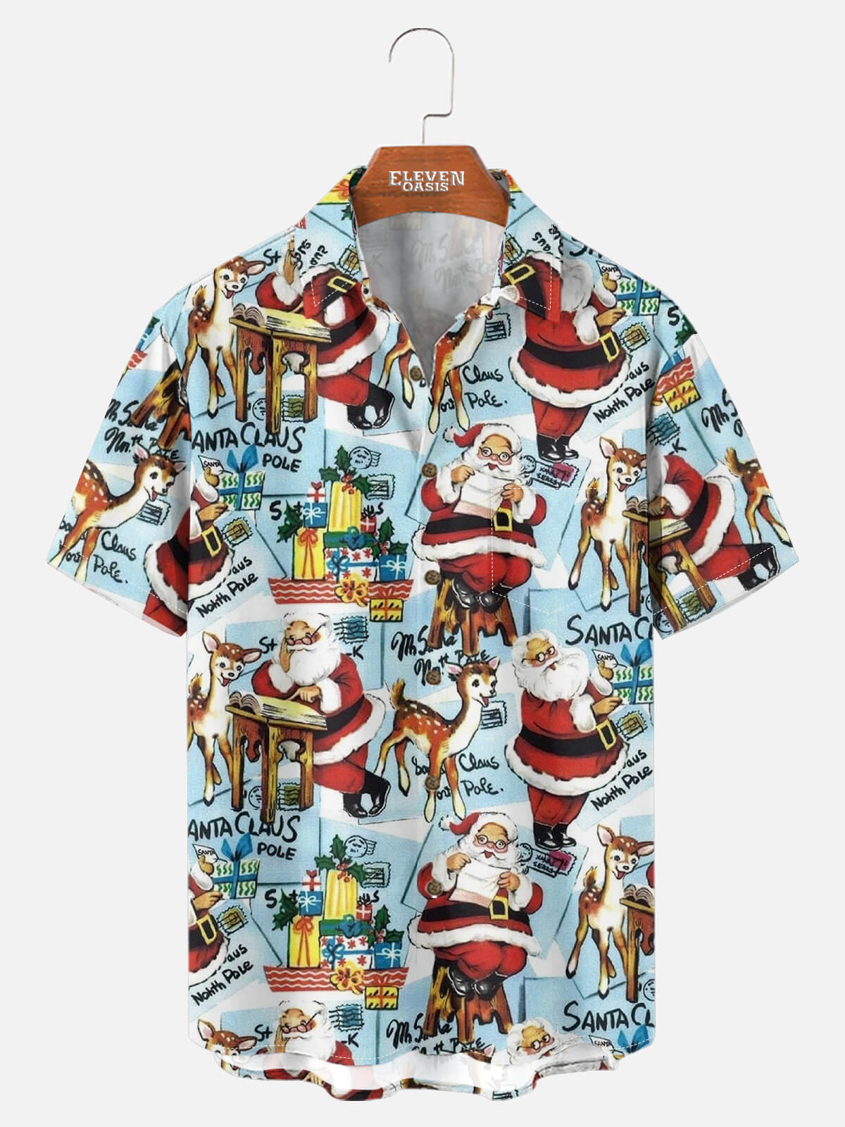 Tall Men's Vintage Santa & Reindeer Christmas Short Sleeve Shirt ElevenOasis