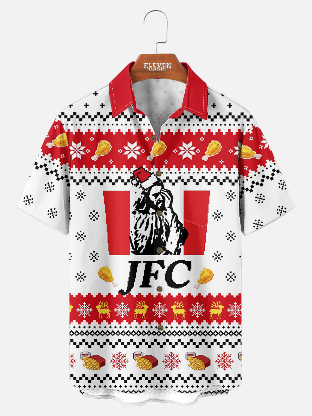Tall Men's JFC Fried Chicken Ugly Christmas Short Sleeve Shirt Eleven Oasis