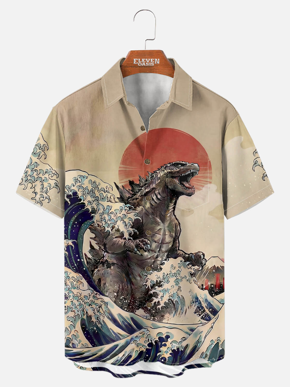 Men's Japanese Godzilla Wave Art Short Sleeve Shirt Eleven Oasis