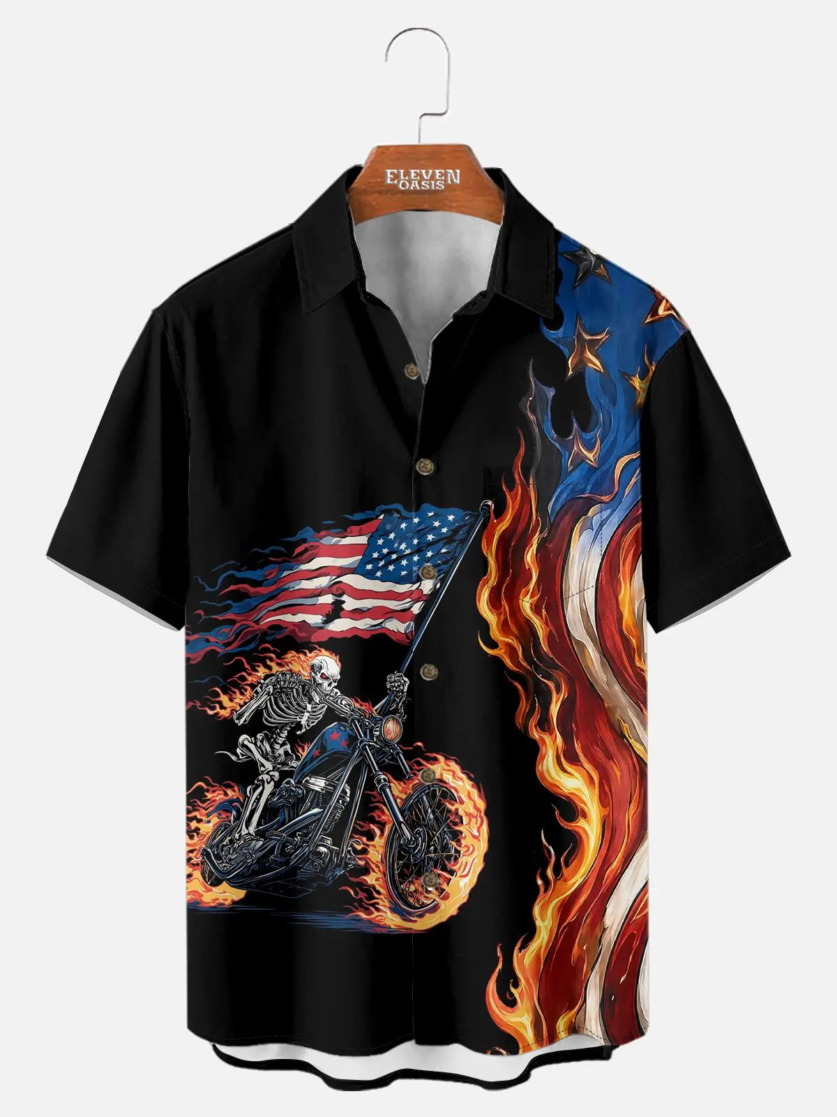 Men's Flaming Skeleton Biker Short Sleeve Shirt Eleven Oasis