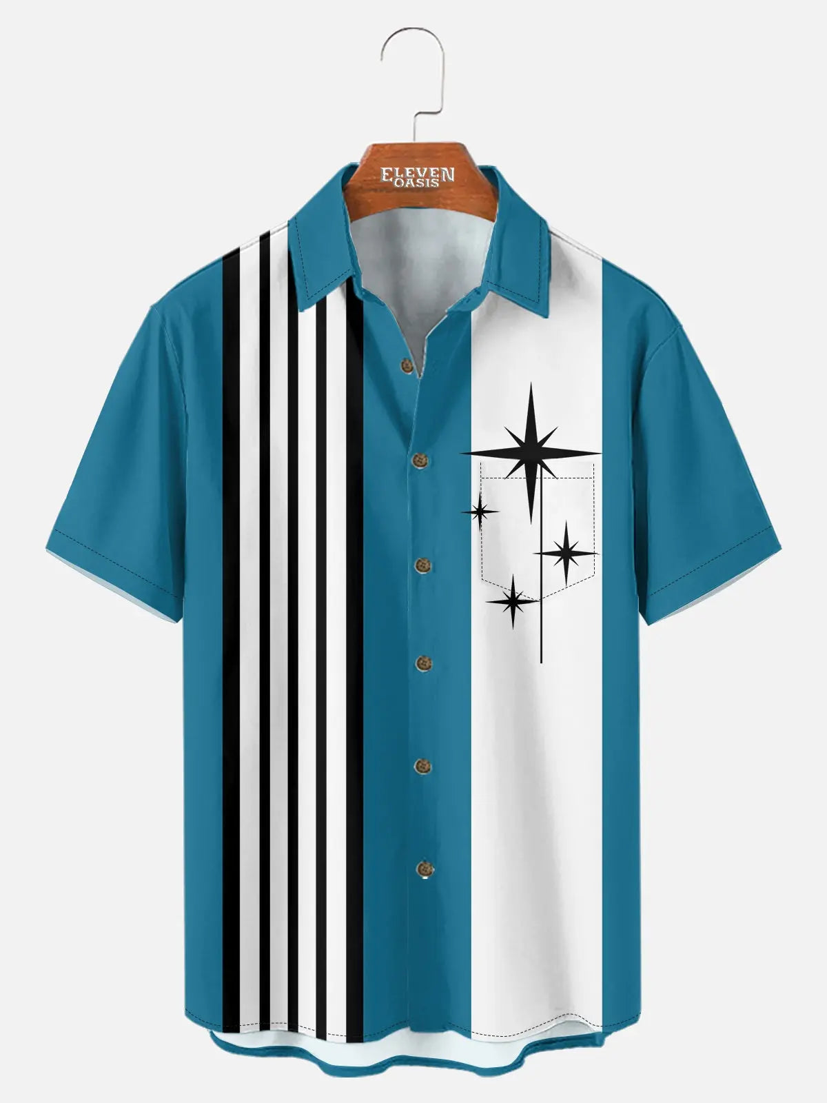 Men's Striped with Space-Age Stars Casual Short Sleeve Shirt ElevenOasis