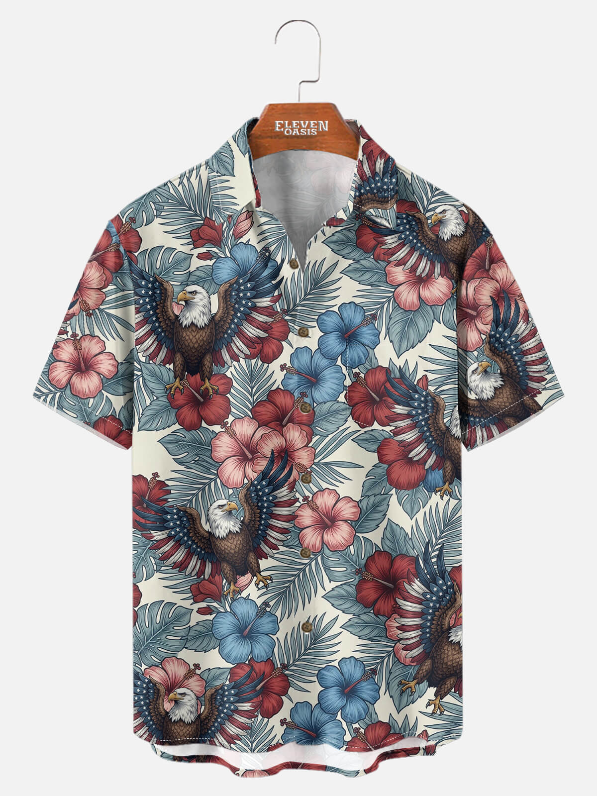 Men's Patriotic Eagle Tropical Floral Short Sleeve Shirt Eleven Oasis