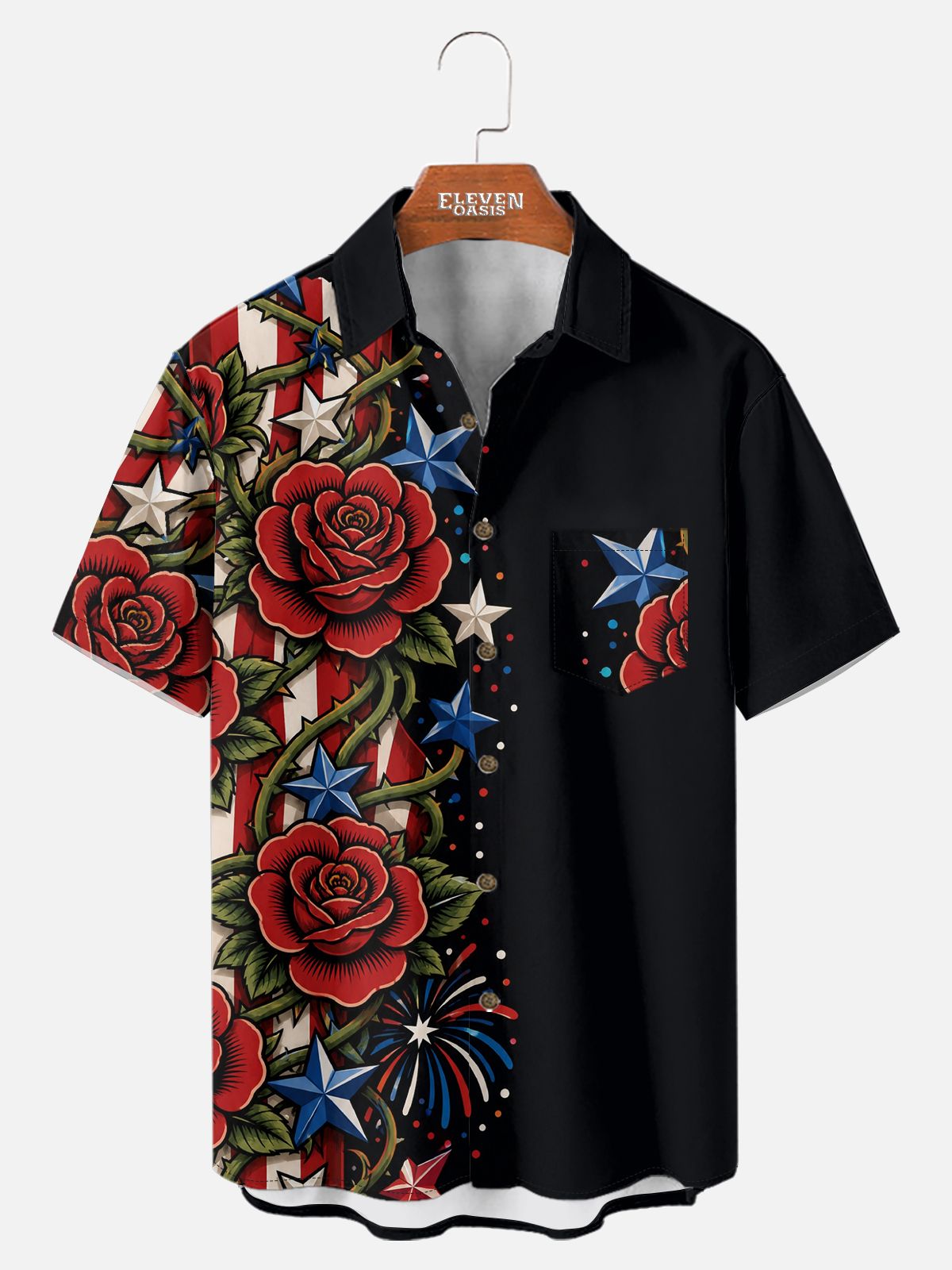 Men's Patriotic Rose Fireworks Short Sleeve Shirt Eleven Oasis