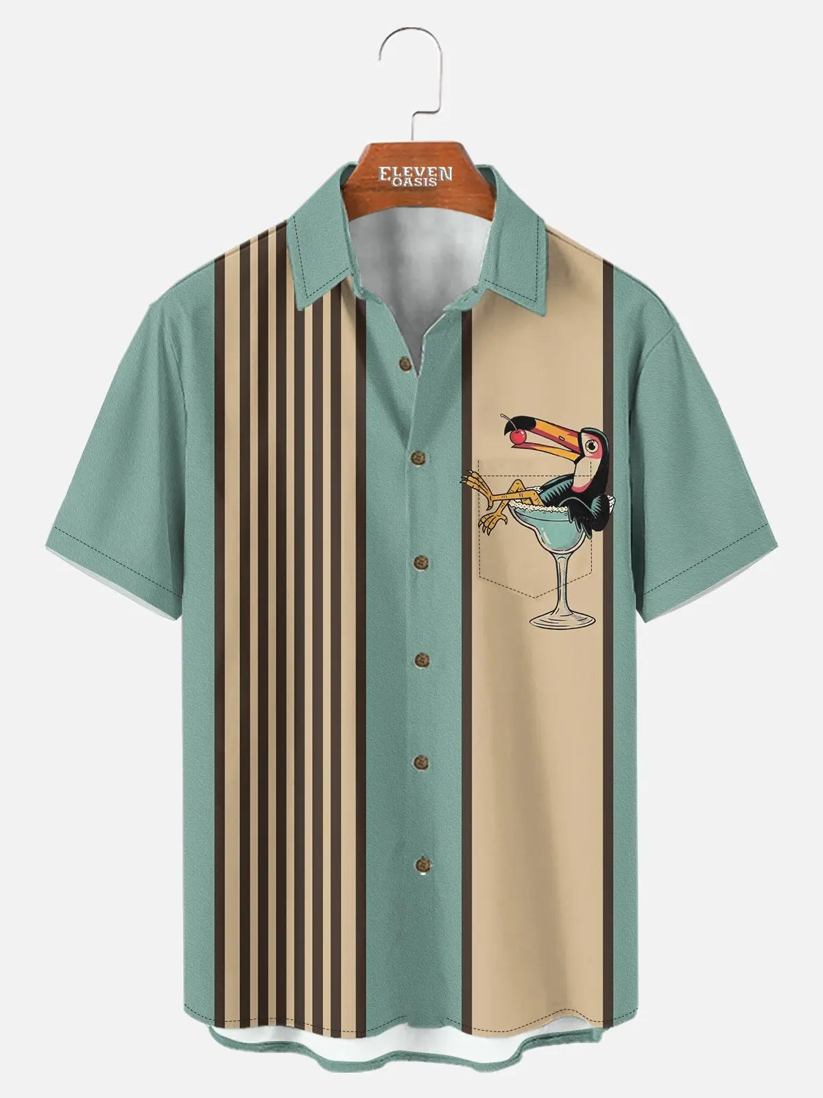 Men's Striped Everyday with Toucan in a Cocktail Glass Short Sleeve Casual Shirt ElevenOasis