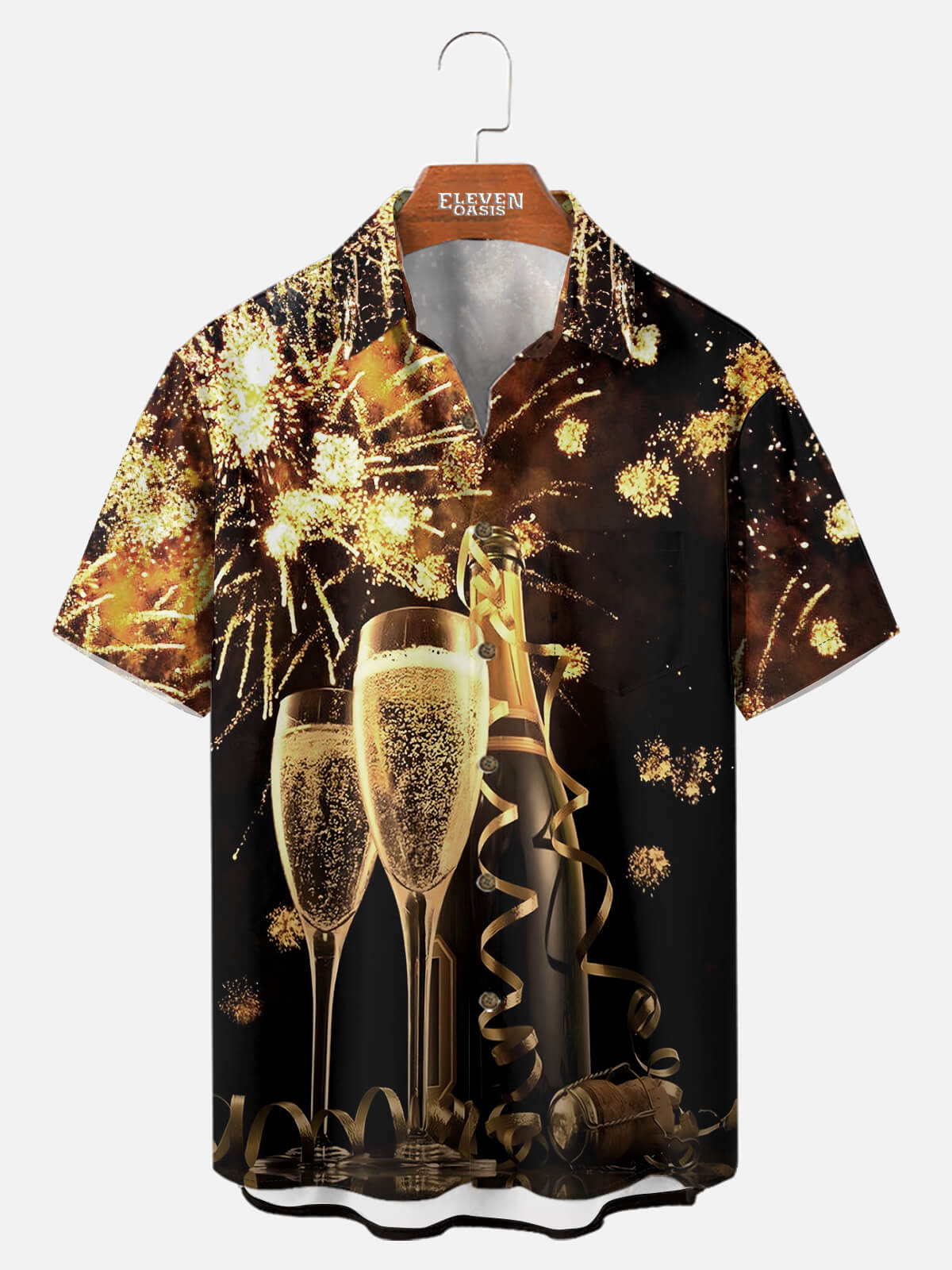 Men's New Year Fireworks Champagne Short Sleeve Shirt Eleven Oasis