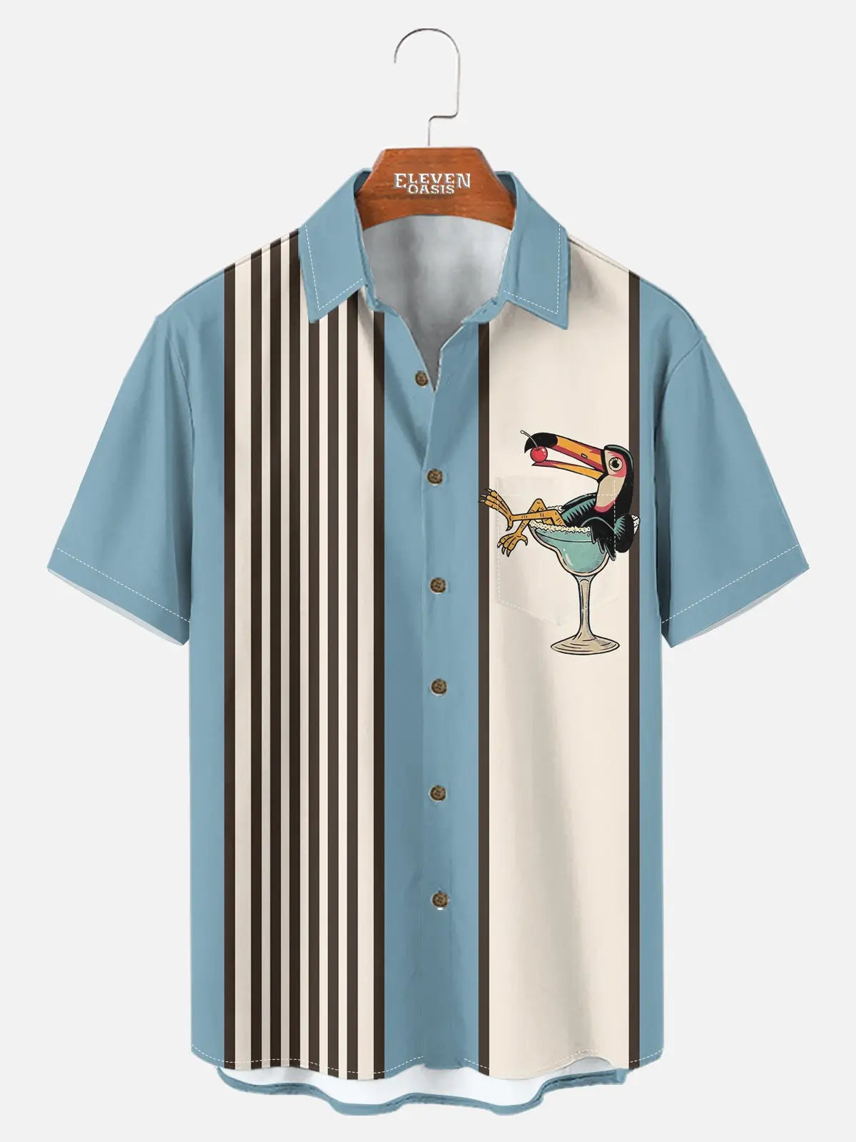 Men's Striped Everyday with Toucan in a Cocktail Glass Short Sleeve Casual Shirt ElevenOasis