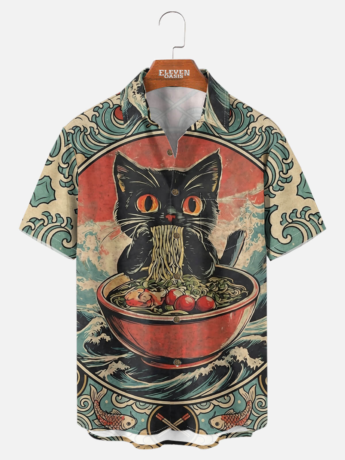 Men's Japanese Ramen Cat Ukiyo-e Short Sleeve Shirt Eleven Oasis