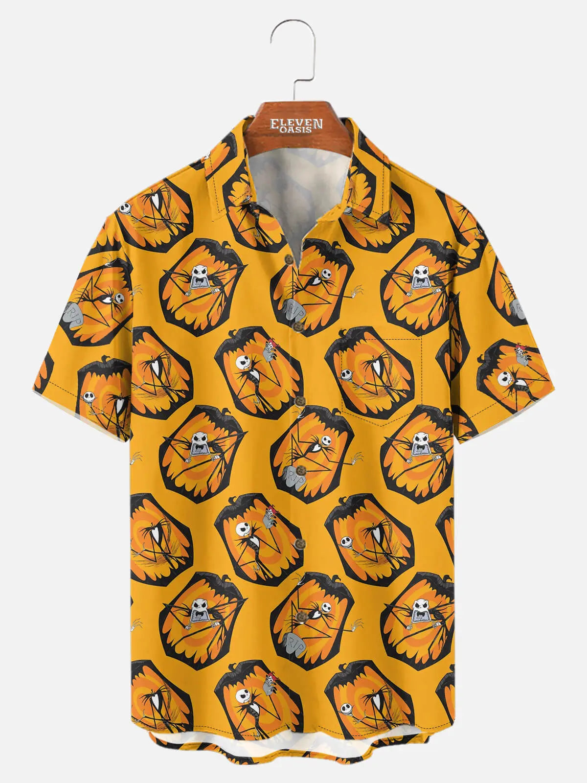 Tall Men's Jack Skellington All-Over Pumpkin Halloween Short Sleeve Shirt Eleven Oasis