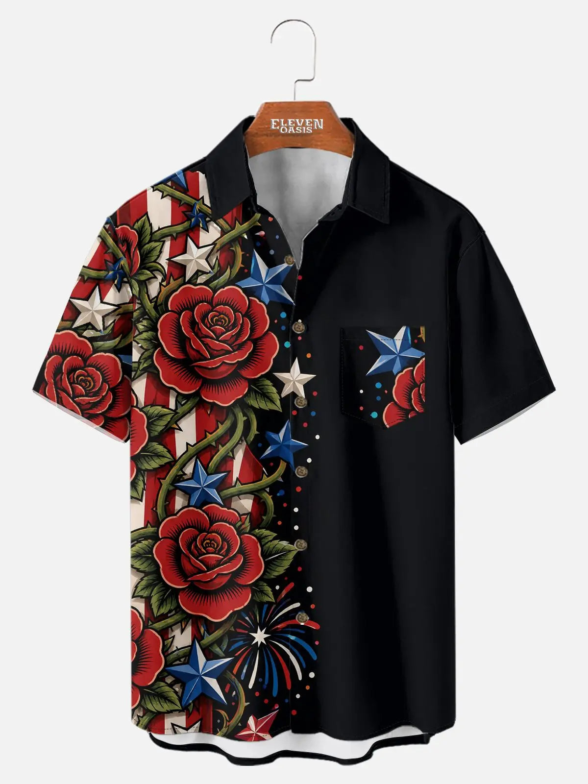 Tall Men's Patriotic Rose Fireworks Short Sleeve Shirt Eleven Oasis