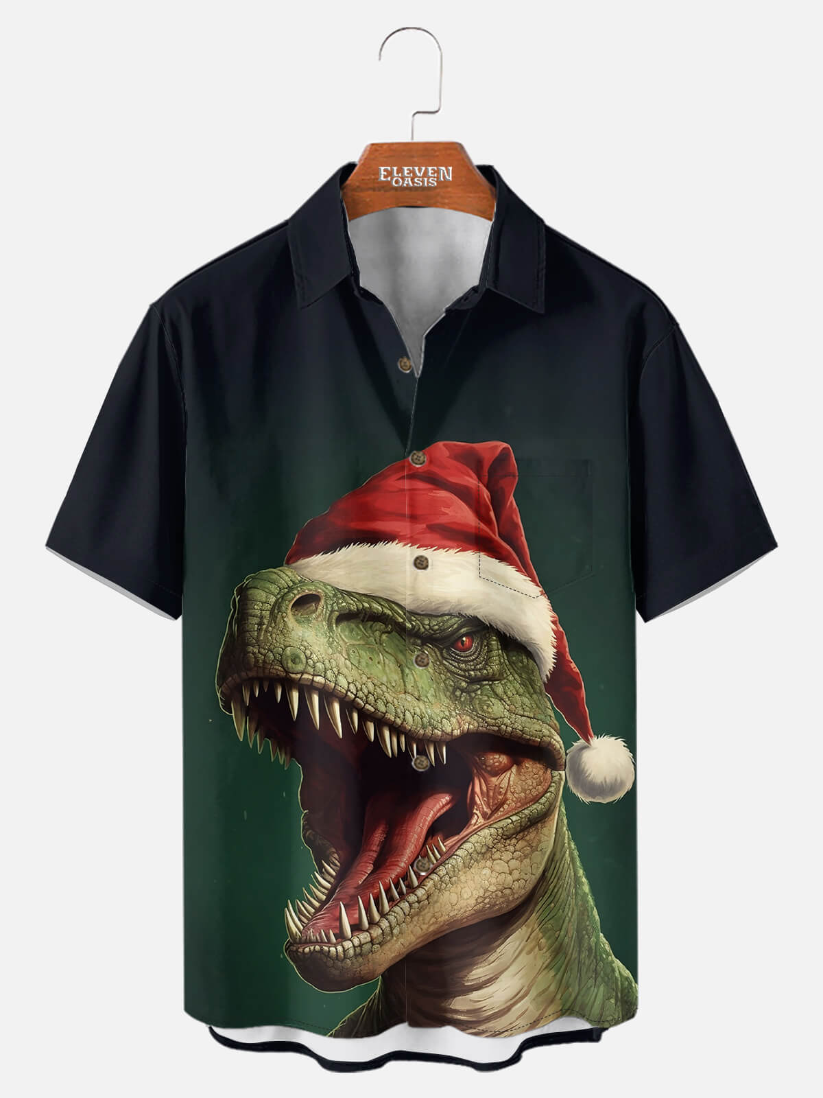 Tall Men's Ferocious T-Rex Santa Hat Short Sleeve Shirt Eleven Oasis