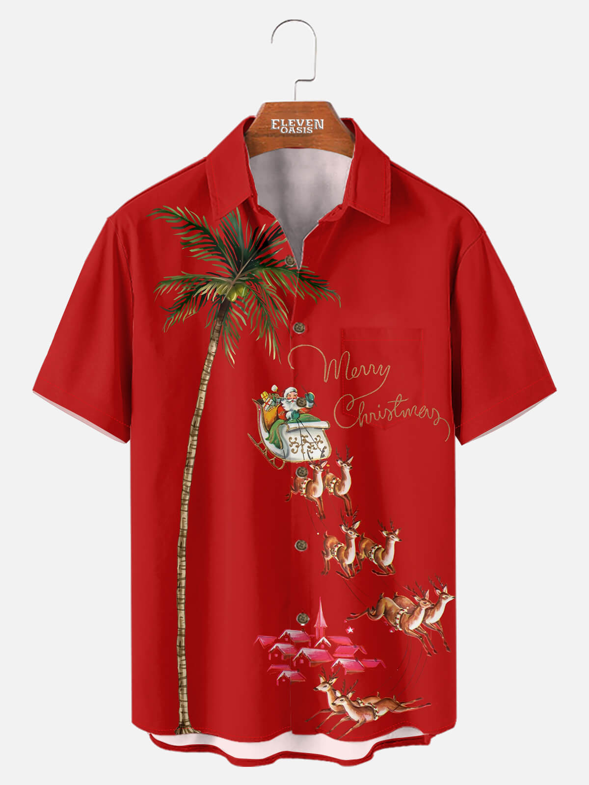 Tall Men's Black Palm Tree Santa Sleigh Short Sleeve Shirt Eleven Oasis