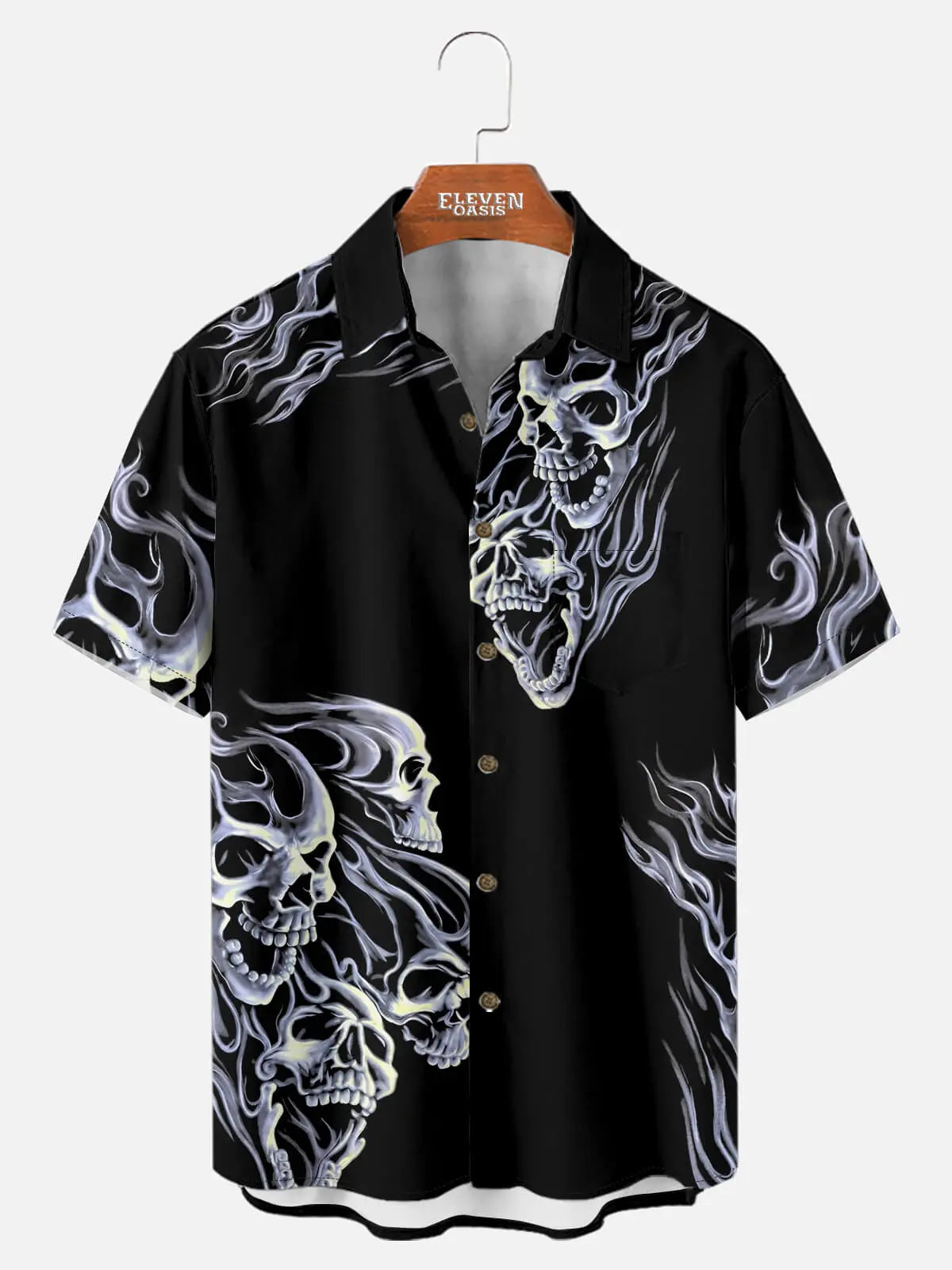 Tall Men's Flaming Skulls Halloween Short Sleeve Shirt Eleven Oasis