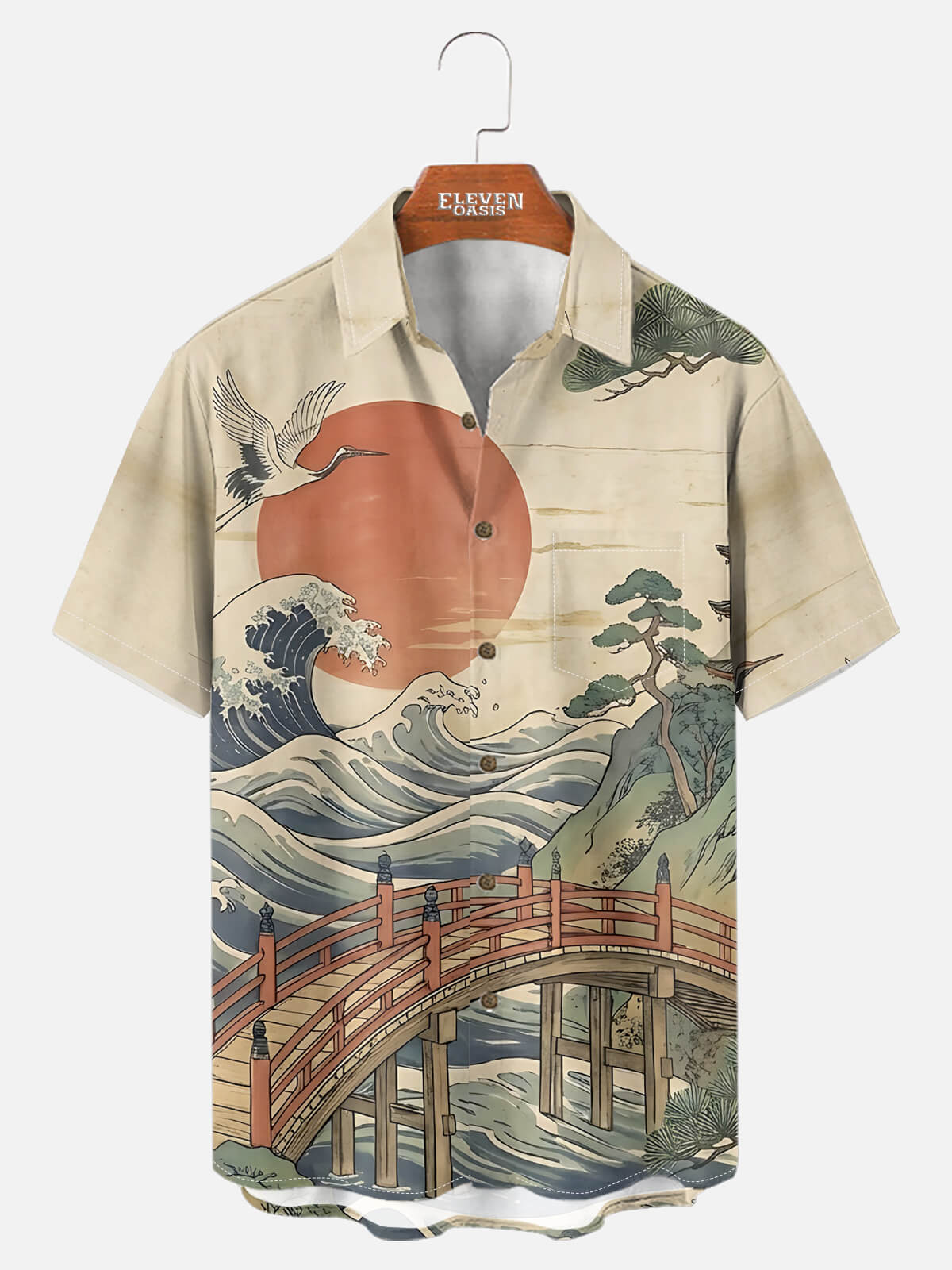Men's Japanese Bridge & Crane Landscape Camp Collar Short Sleeve Shirt Eleven Oasis