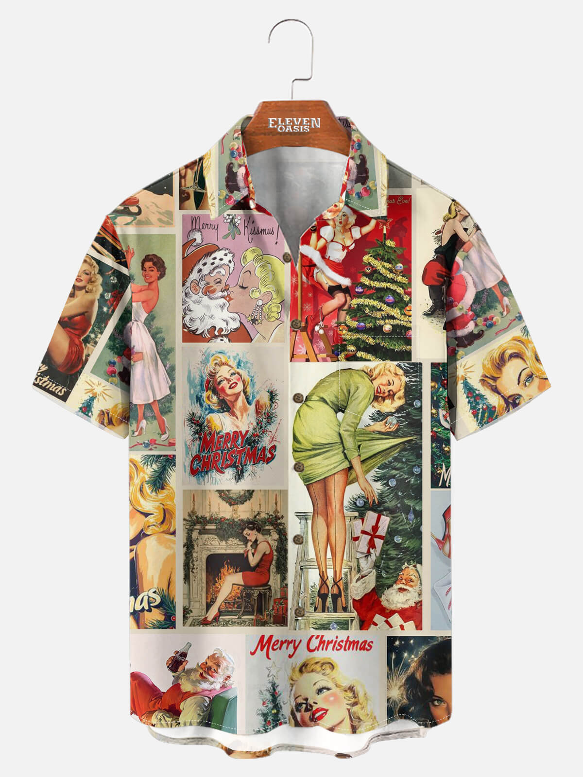Tall Men's Vintage Pin-Up Merry Christmas Short Sleeve Shirt Eleven Oasis