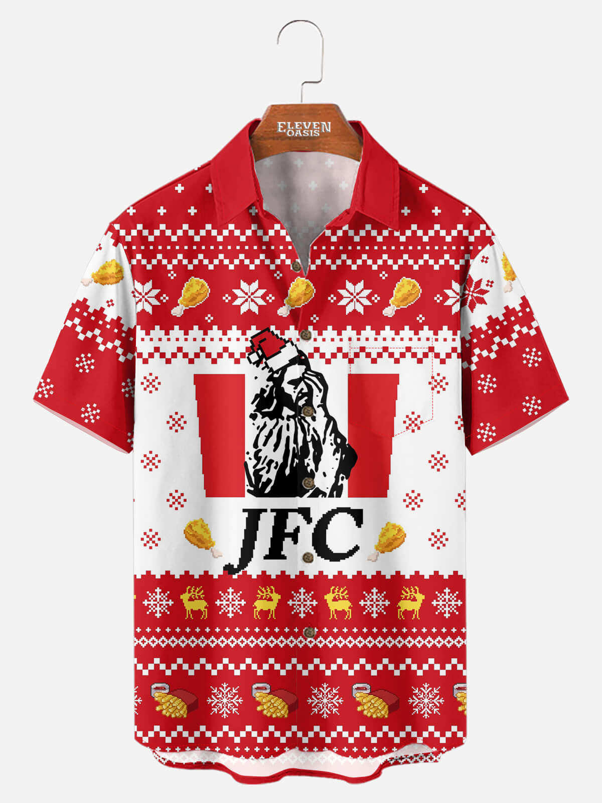 Tall Men's JFC Fried Chicken Ugly Christmas Short Sleeve Shirt Eleven Oasis