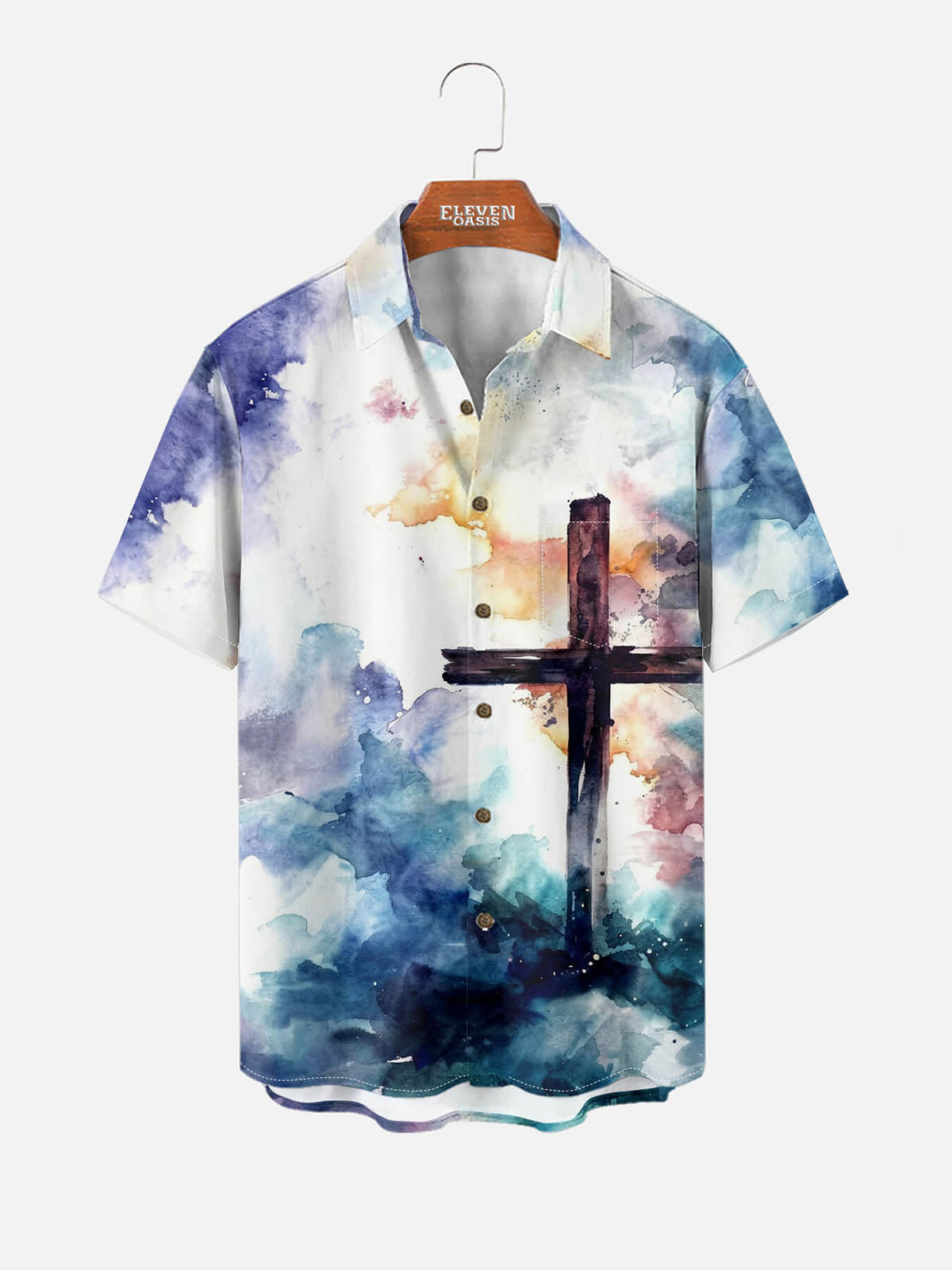 Men's Watercolor Cross Faith Short Sleeve Shirt Eleven Oasis