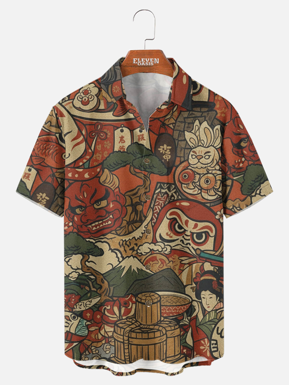Men's Japanese Folk Motifs Camp Collar Short Sleeve Shirt Eleven Oasis