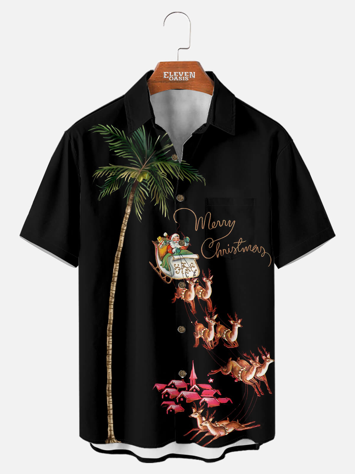 Tall Men's Black Palm Tree Santa Sleigh Short Sleeve Shirt Eleven Oasis