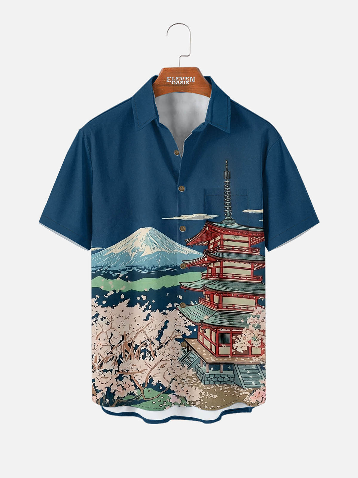 Tall Men's Mount Fuji Pagoda Landscape Short Sleeve Shirt Eleven Oasis