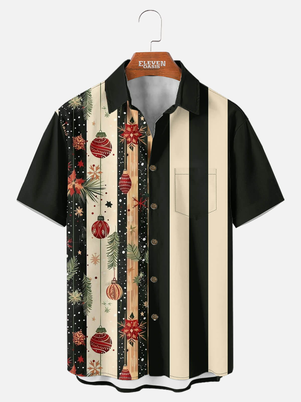 Tall Men's Christmas Ornaments Stripe Short Sleeve Shirt Eleven Oasis