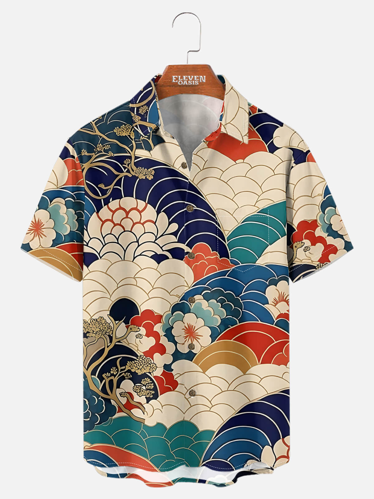 Men's Japanese Seigaiha & Floral Waves Camp Collar Short Sleeve Shirt Eleven Oasis