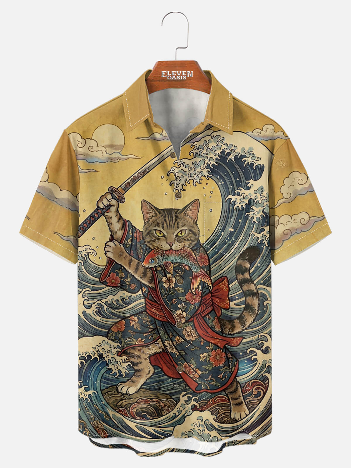 Men's Japanese Samurai Cat Wave Art Short Sleeve Shirt Eleven Oasis