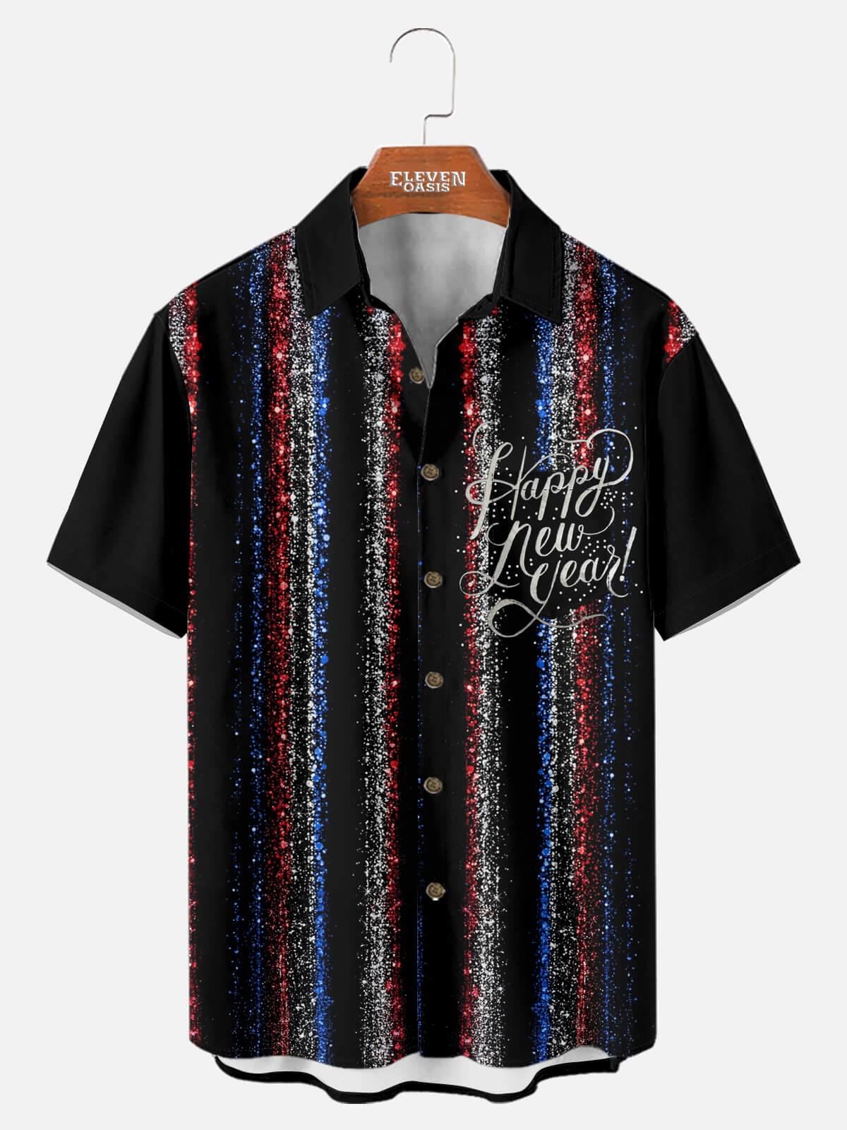 Men's Glitter Stripe ¡°Happy New Year¡± Short Sleeve Shirt Eleven Oasis