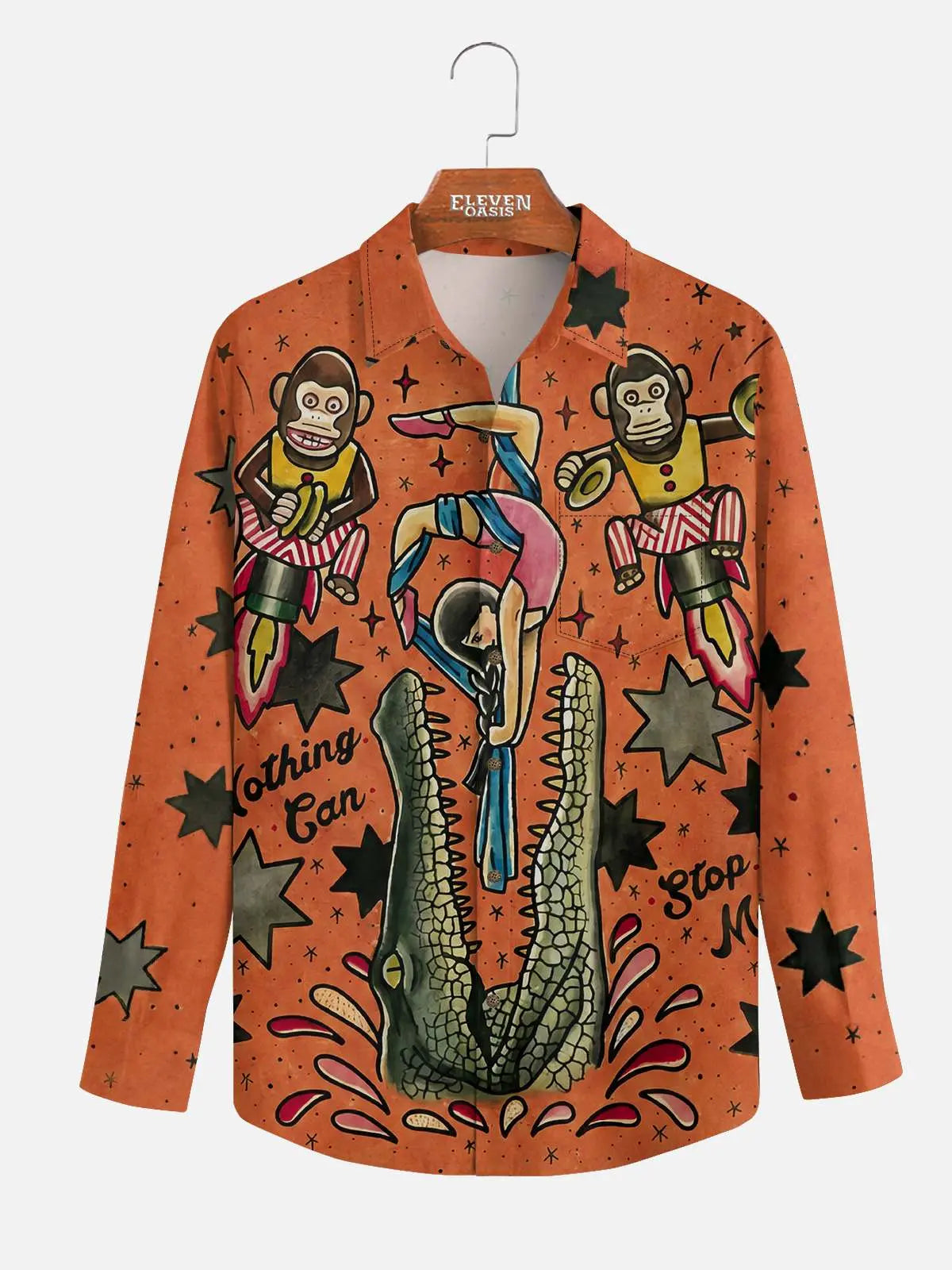 Men's Vintage Circus Print with Crocodile and Monkey Long Sleeve Shirt 