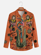 Men's Vintage Circus Print with Crocodile and Monkey Long Sleeve Shirt?