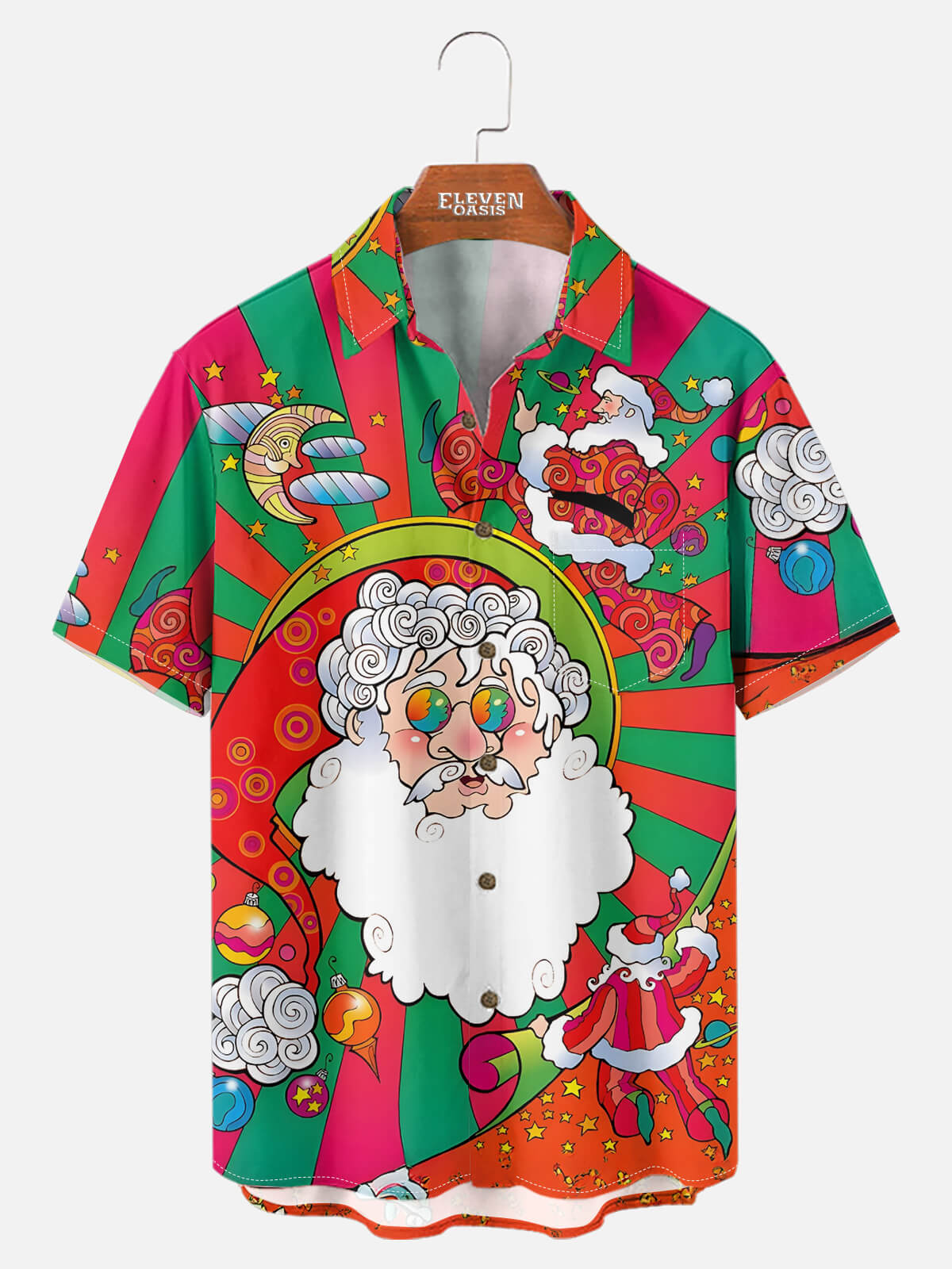 Tall Men's Psychedelic Groovy Christmas Santa Holiday Short Sleeve Shirt Eleven Oasis