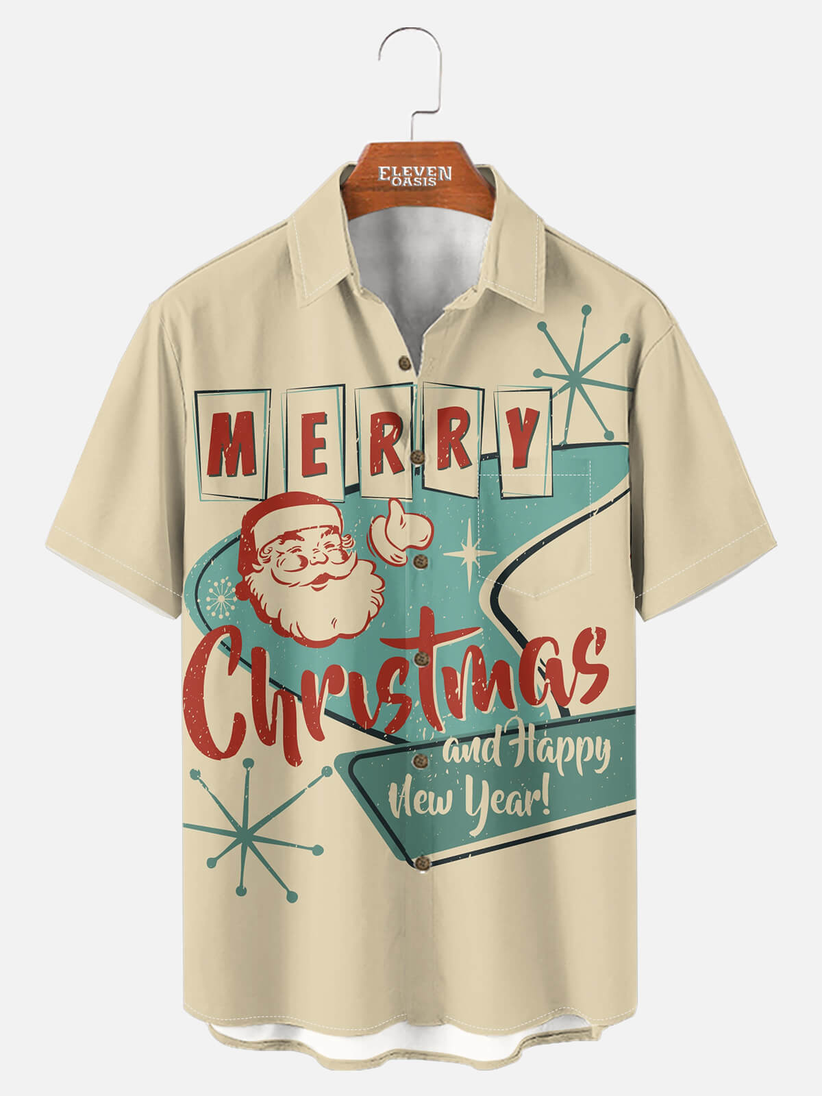 Men's Mid-Century Modern Santa Holiday Short Sleeve Shirt Eleven Oasis