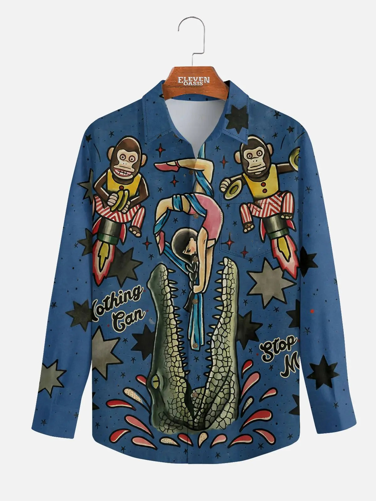 Men's Vintage Circus Print with Crocodile and Monkey Long Sleeve Shirt 