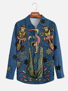 Men's Vintage Circus Print with Crocodile and Monkey Long Sleeve Shirt?