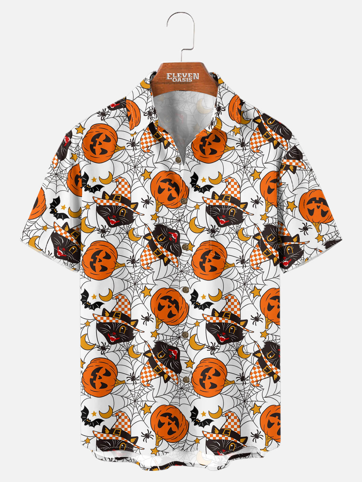 Tall Men's Halloween Cats and Pumpkins Short Sleeve Shirt Eleven Oasis