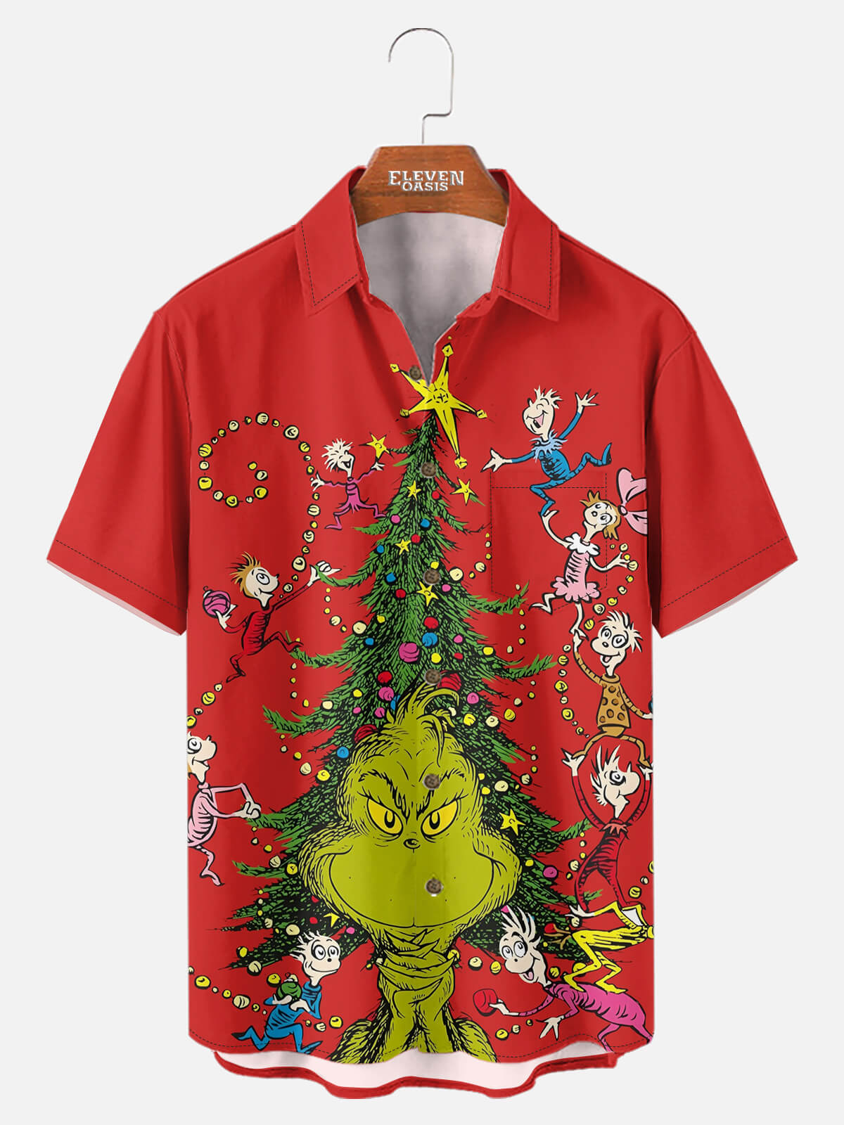 Tall Men's Grinch Steals Christmas Tree Red Short Sleeve Shirt Eleven Oasis