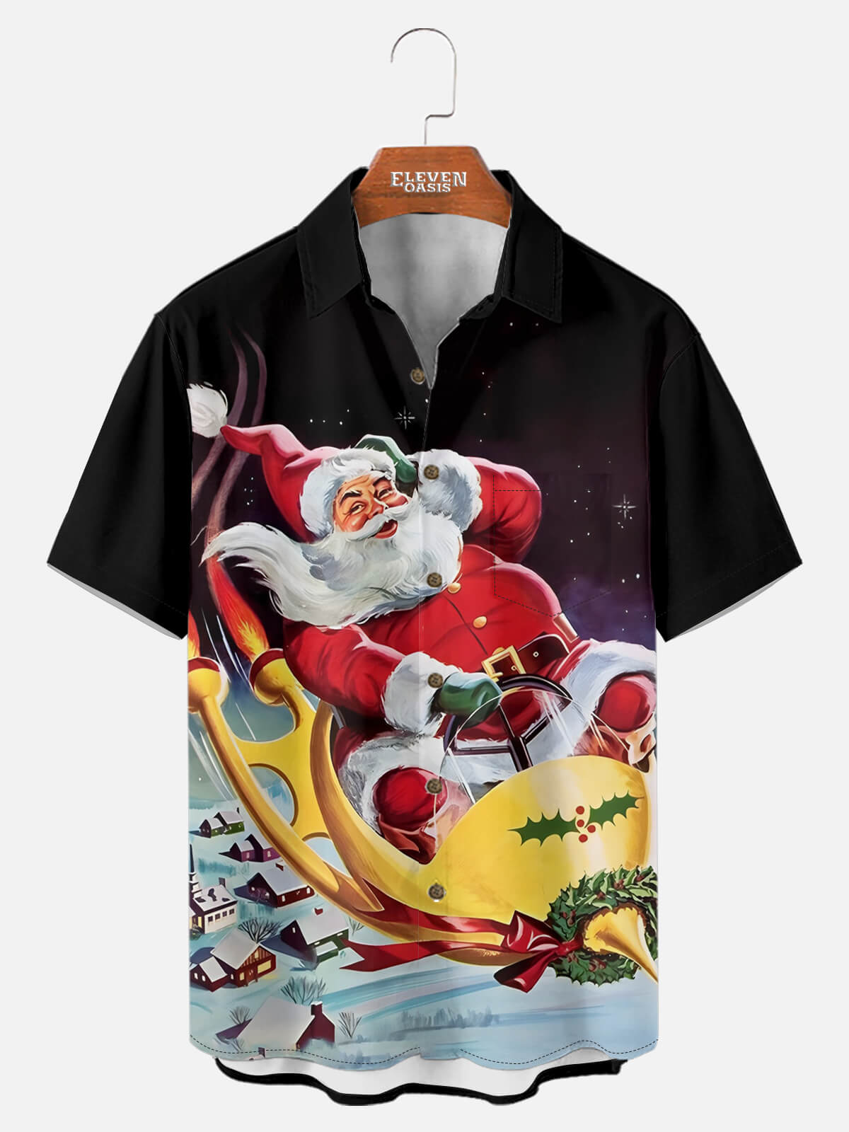 Men's Retro Santa Sleigh Ride Christmas Short Sleeve Shirt Eleven Oasis