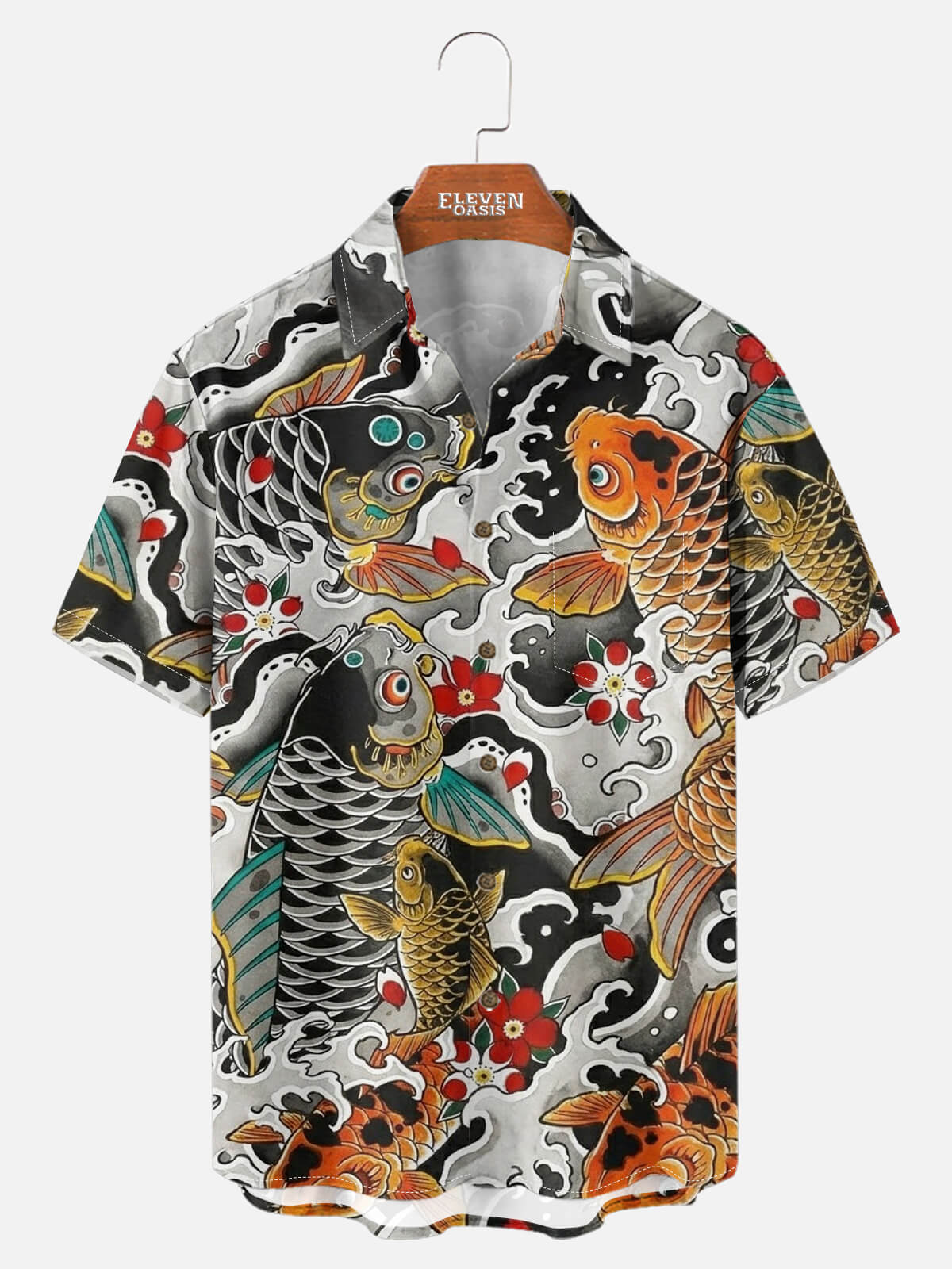 Men's Japanese Koi & Wave Tattoo Art Camp Collar Short Sleeve Shirt Eleven Oasis