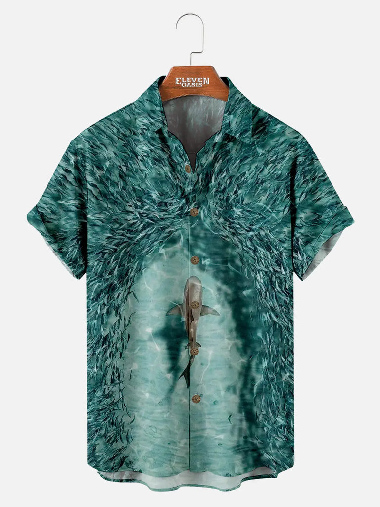 Hawaiian Shark Painting Pattern Men's Short Sleeve Top ElevenOasis