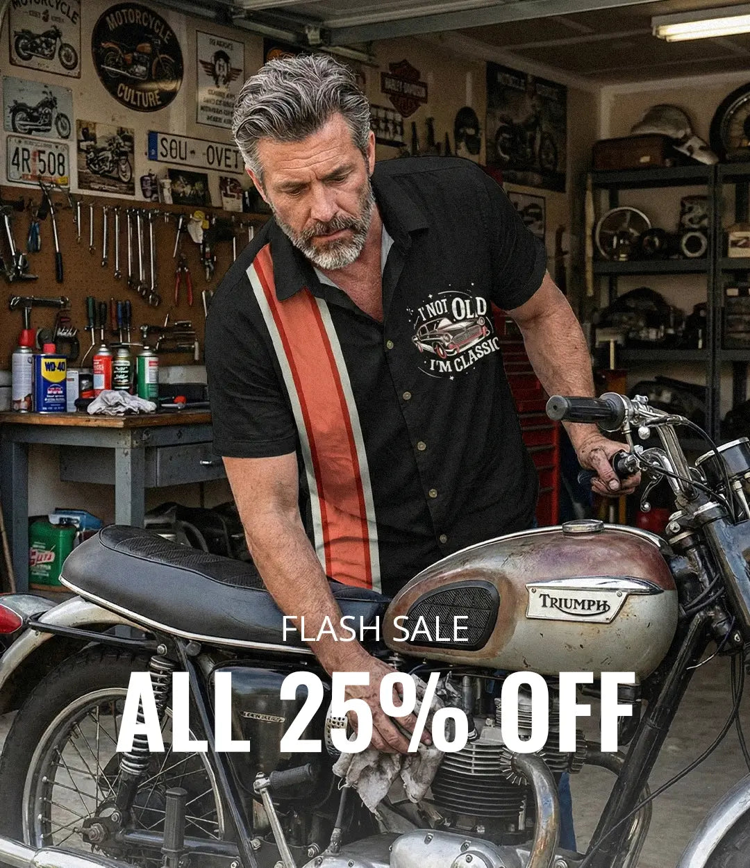 Man sitting on a motorcycle in a garage with promotional text overlay