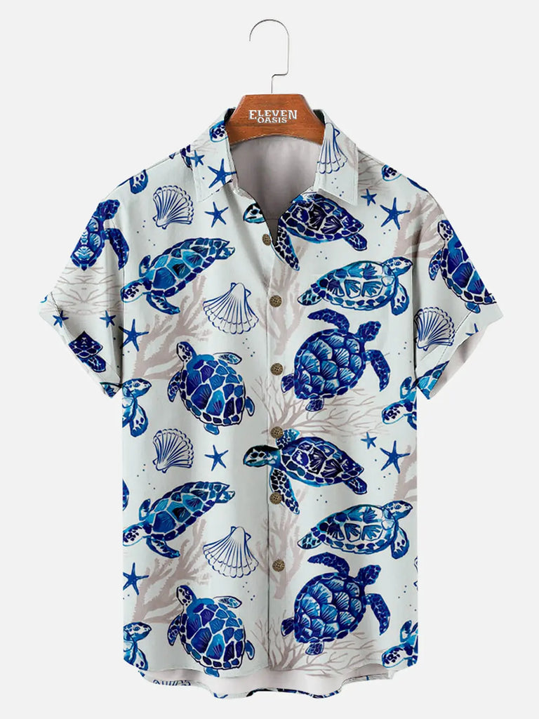 Turtle Floral Mosaic Print Lapel Men's Short-sleeved Shirt ElevenOasis
