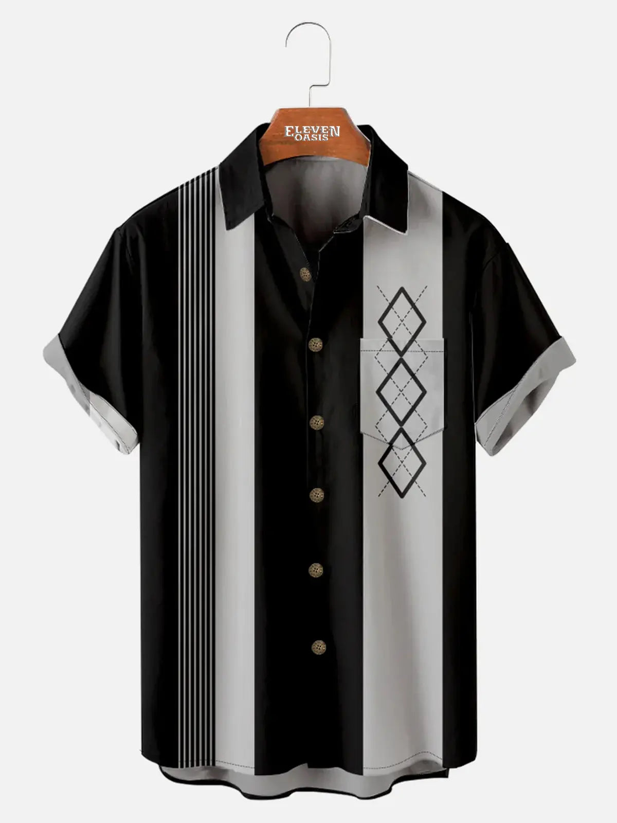 Casual Art Collection Geometric Stripes Color Block Bowling Pattern Lapel Short Sleeve Shirt Print Top ElevenOasis