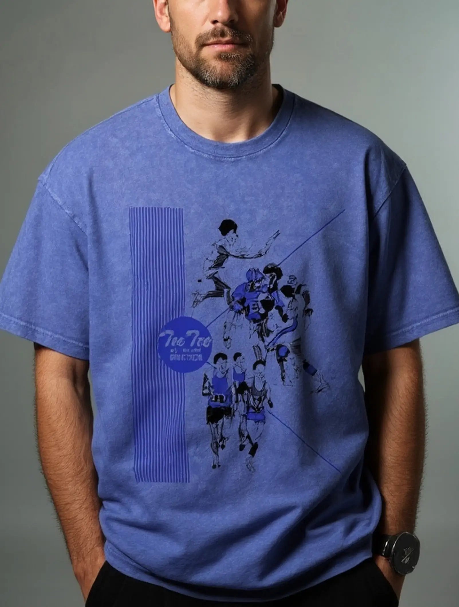 Men's Retro Cotton Round Neck Short Sleeve T-Shirt Washed Peechee Pattern Eleven Oasis