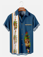 Men's Hawaiian Tiki Print Bowling Casual Short Sleeve Shirt with Chest Pocker Eleven Oasis