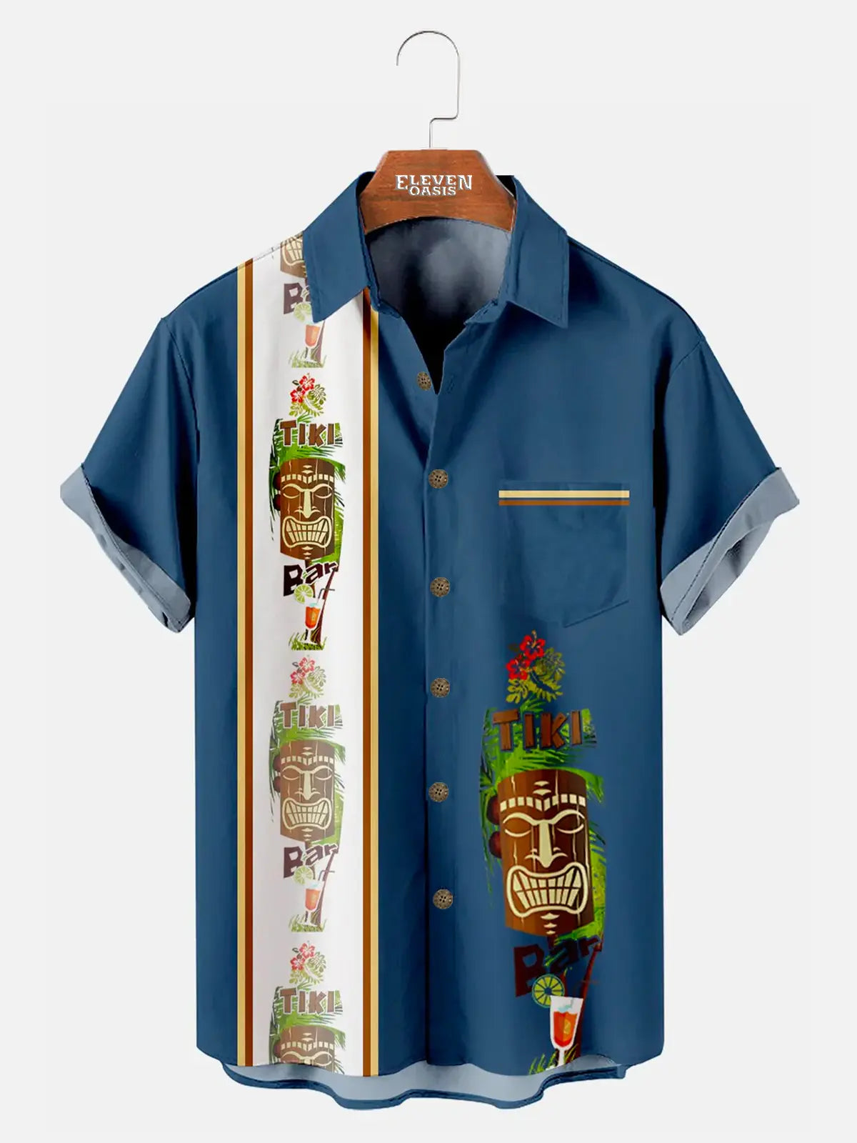 Men's Hawaiian Tiki Print Bowling Casual Short Sleeve Shirt with Chest Pocker Eleven Oasis