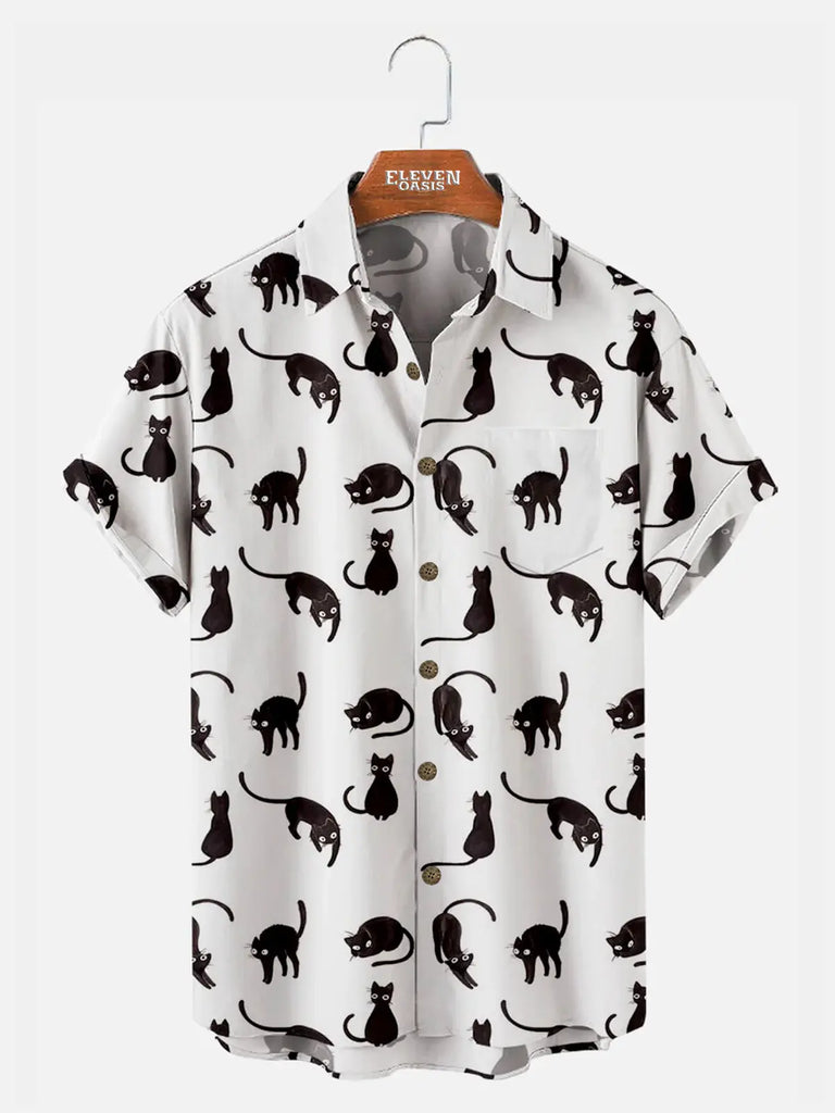 Black Cat Pattern Men's Short Sleeve Top ElevenOasis
